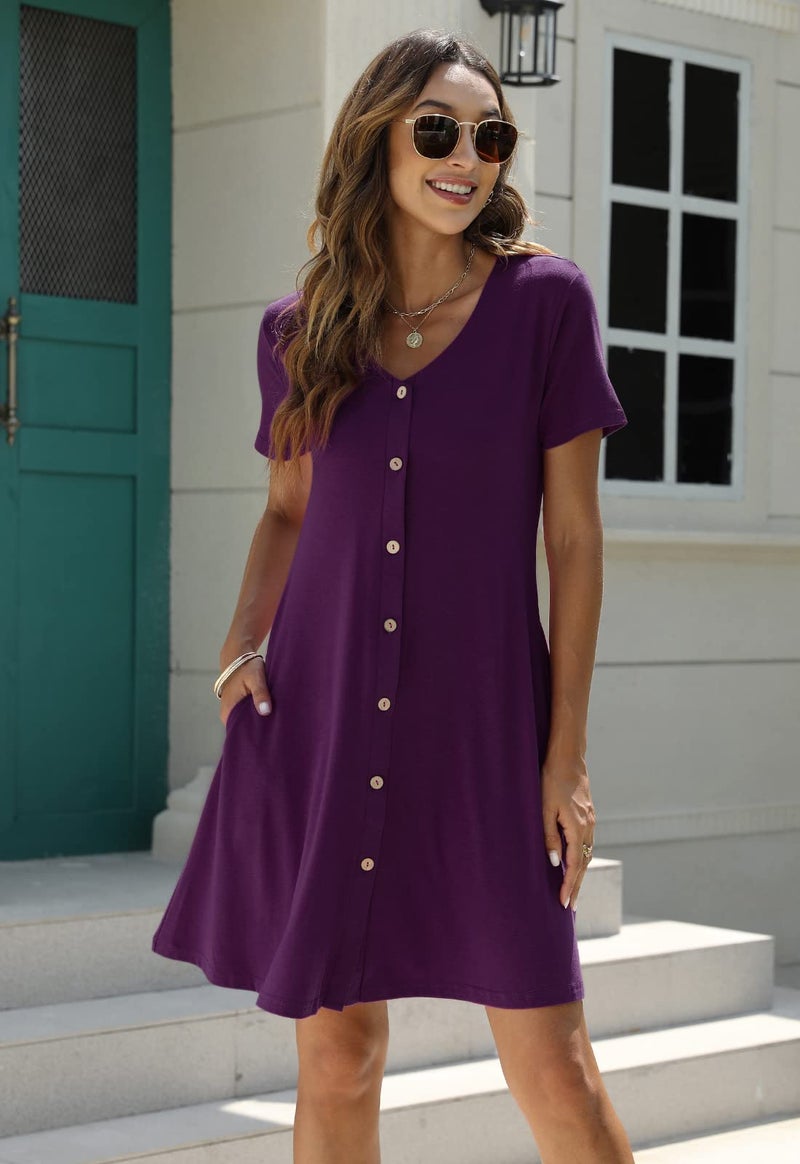 Manydress Women's Summer Casual T Shirt Short Sleeve Button Down Swing Dress with Pockets MY035 (Dark Purple, L) - Image 3